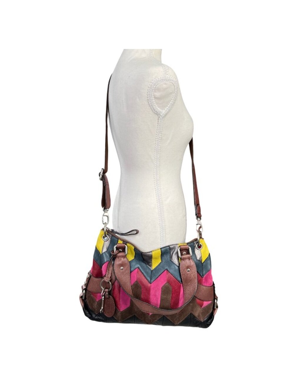 Fossil Multicolor Chevron Patchwork Leather Shoulder Crossbody Bag